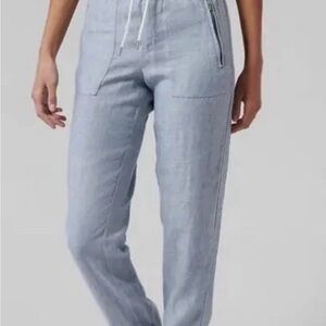 Athleta Linen Pants Cabo Jogger Blue Size 6 Slash Zippered Pockets Elastic Waist